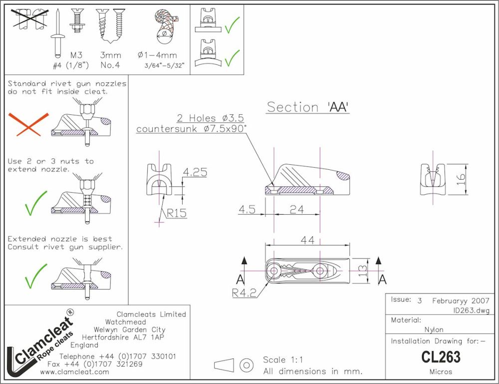 CLAMCLEAT CL263 NYLON MICROS Kompaktklemme für Tau 1-4mm