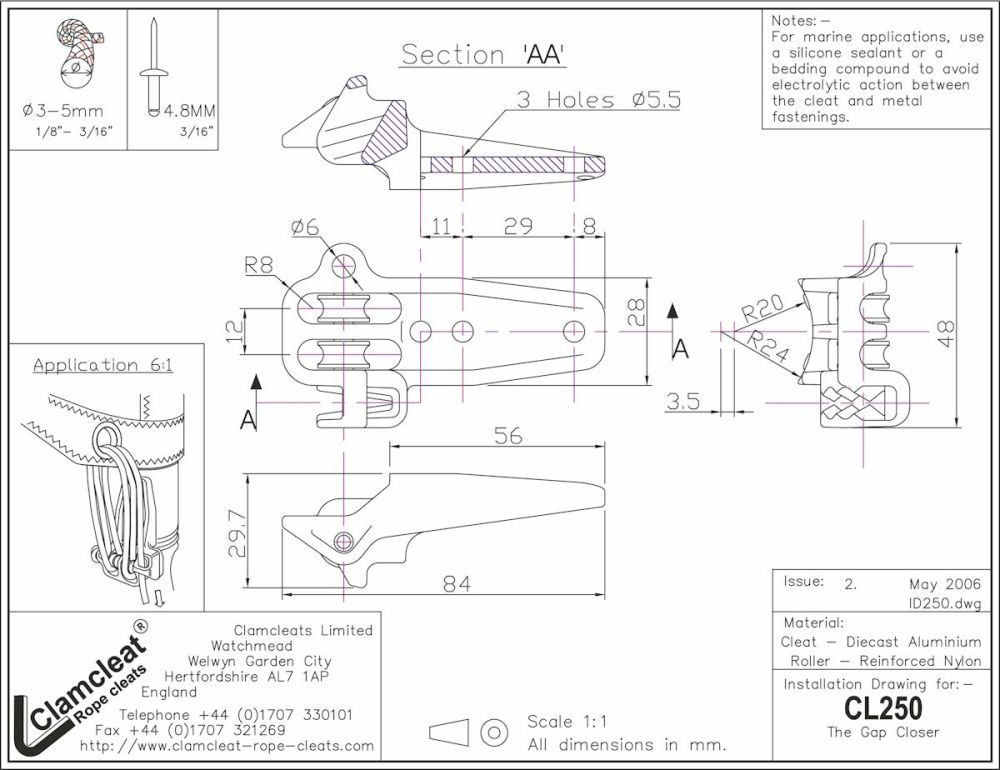 CLAMCLEAT CL250 GAP CLOSER Niederholerklemme 6:1 Tau 3-5mm