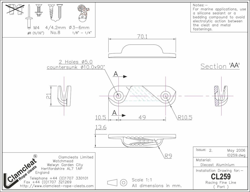 CLAMCLEAT CL259 RACING FINE LINE Liektauklemme Tau 3-6mm