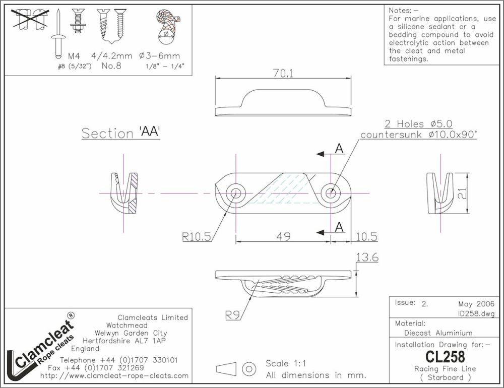 CLAMCLEAT CL258 RACING FINE LINE Liekleinenklemme Tau 3-6mm