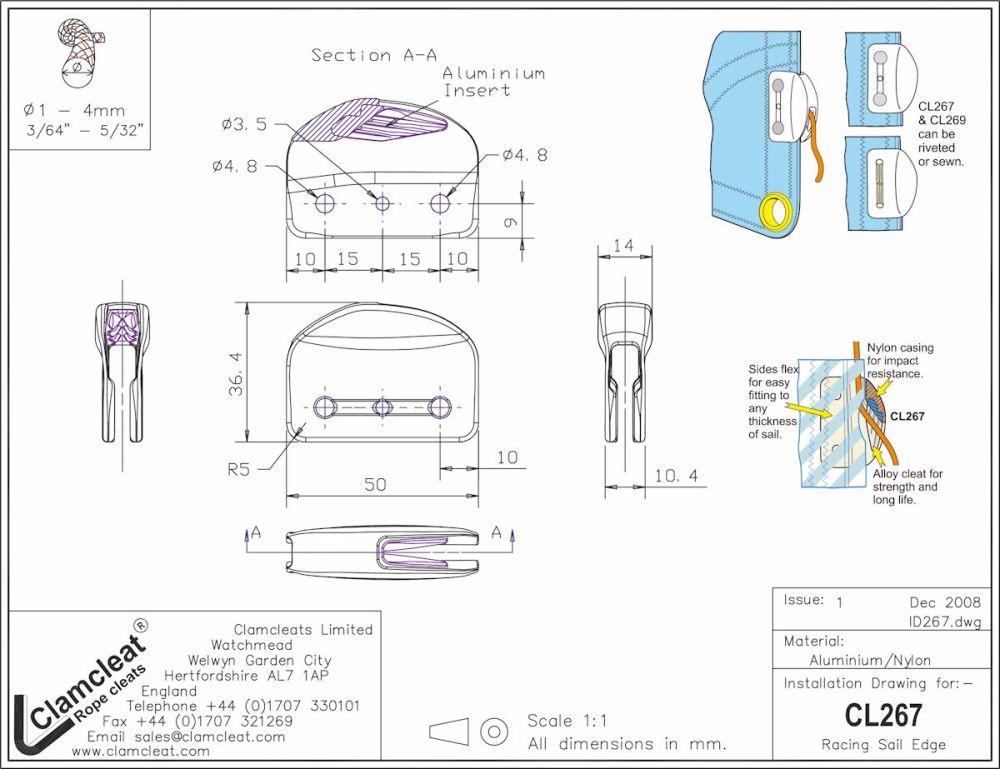 CLAMCLEAT CL267 RACING SAIL EDGE Liektauklemme Alu Tau 1-4mm