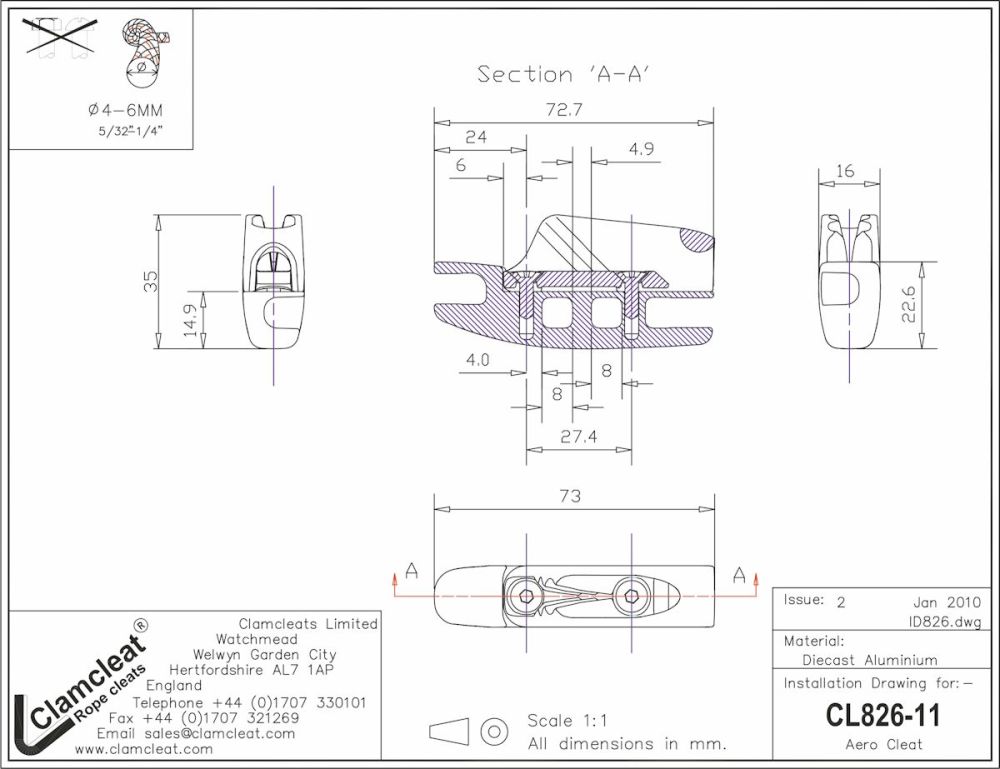 CLAMCLEAT CL826-11AN AEROCLEAT CL211-II eloxiert Tau 4-6mm