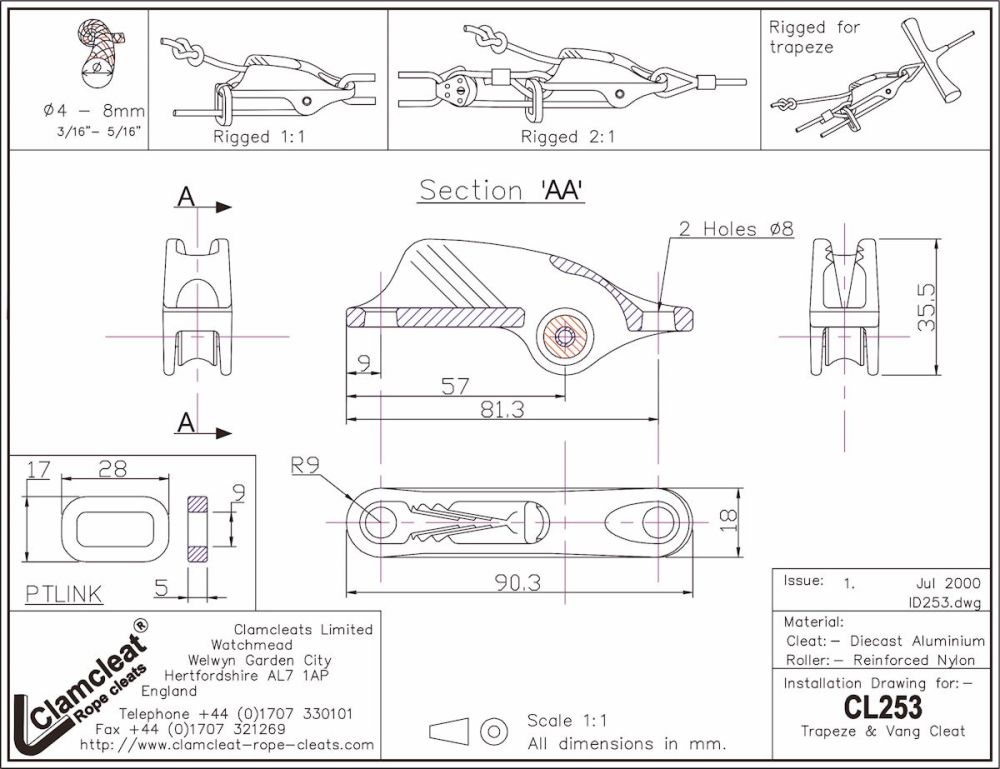 CLAMCLEAT CL253 Trapez und Niederholerklemme Alu Tau 4-8mm